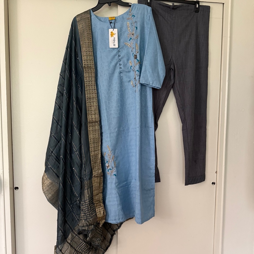 Blue and Gray Salwar Kameez Set with dupatta Size L